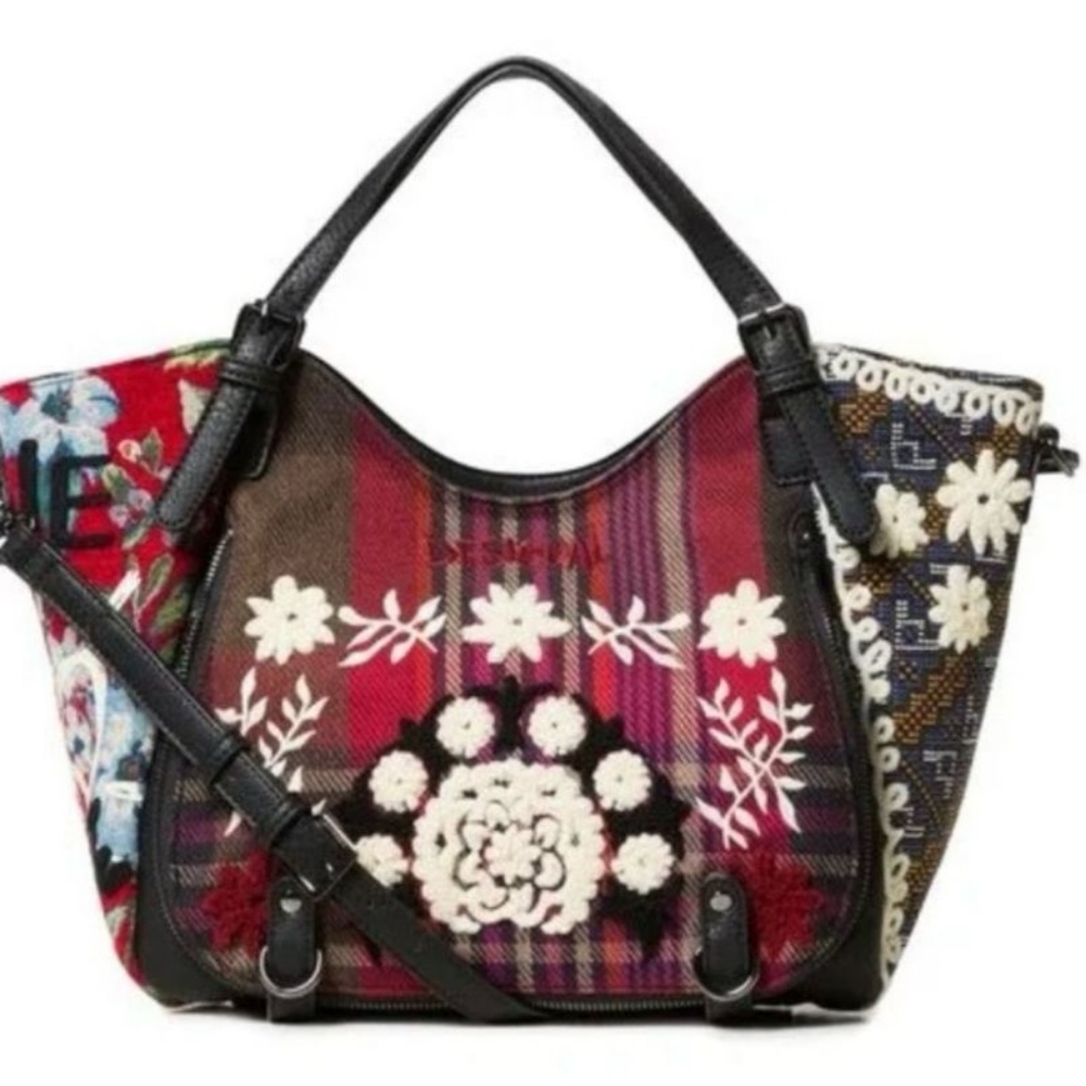 Desigual Multicolor Floral Patchwork Tote - Red, Black, White, Brown
